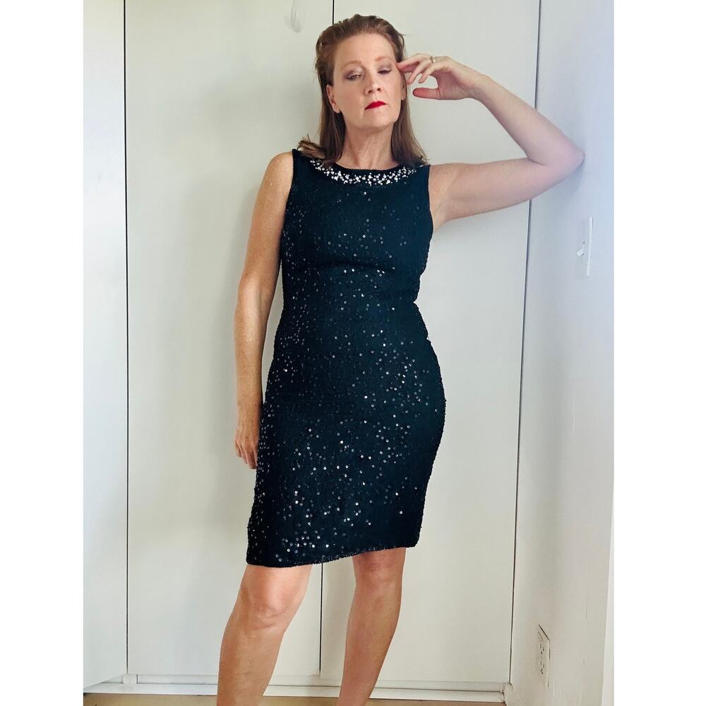 Vintage 90s Silk Beaded Dress Size Medium Little Black dress Holiday Looks